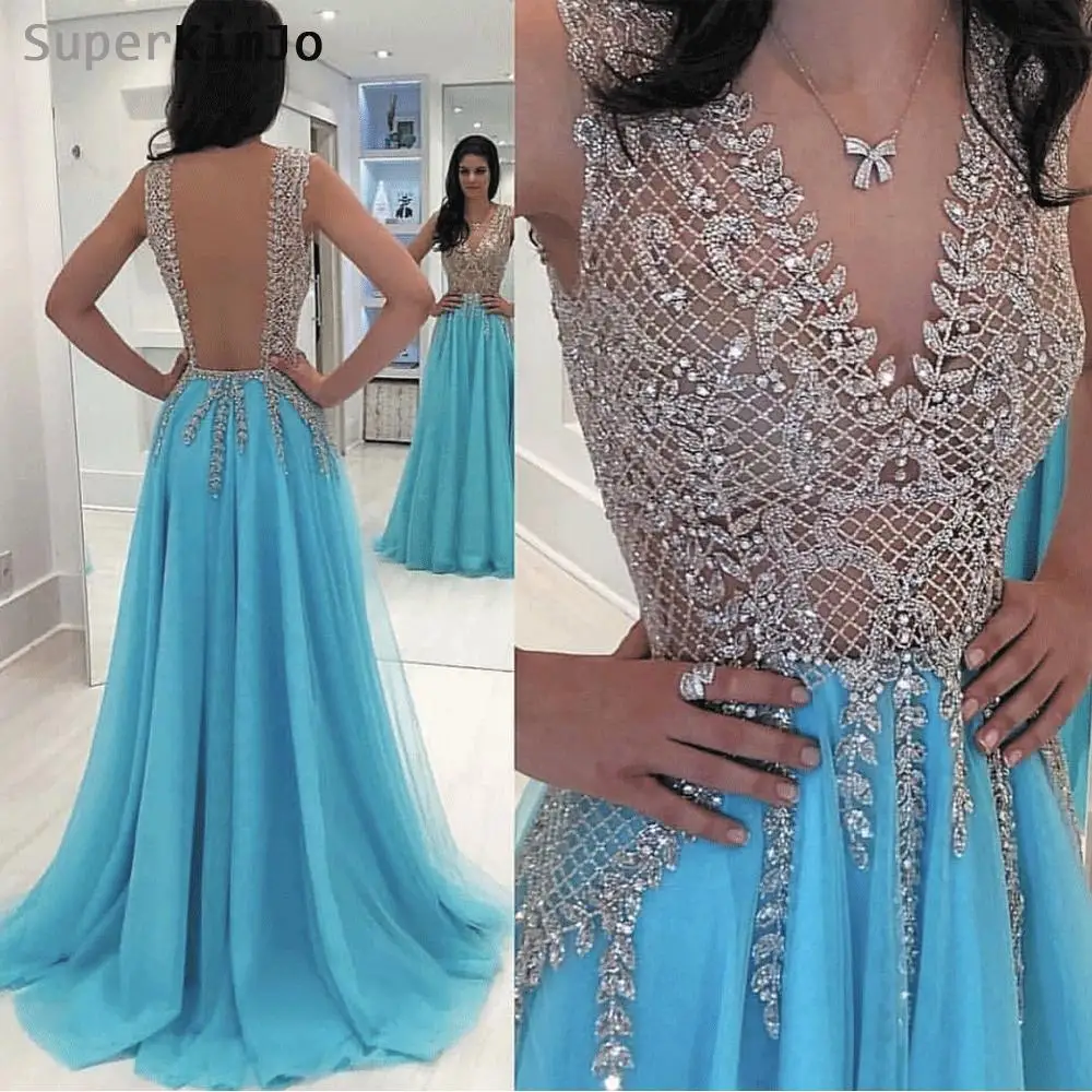 Cổ V sâu Đính Hạt Quần Sịp Đùi Thông Hơi 2019 Đầm Vestido De Festa Xanh Dương Voan Hở Lưng Hứa Bầu