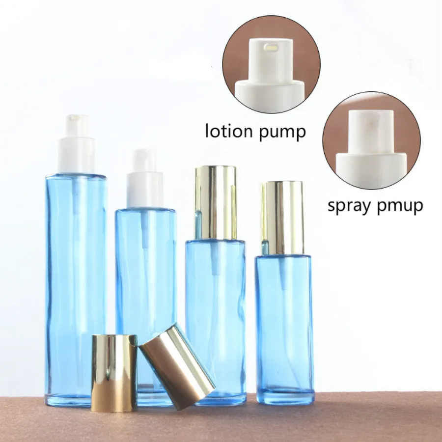 120ml 100ml 80ml 60ml 40ml 30ml 20ml blue glass cosmetic bottle golden press pump empty bottle essence lotion perfume bottle