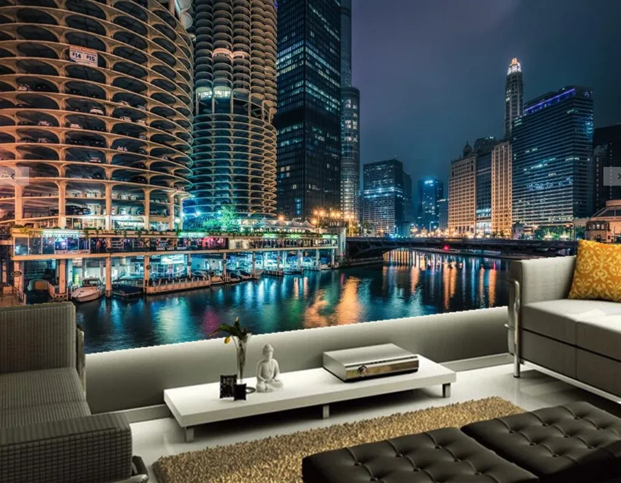 Custom 3d murals,Skyscrapers River Chicago city Night Street lights city wallpapers,living room TV wall bedroom papel de parede