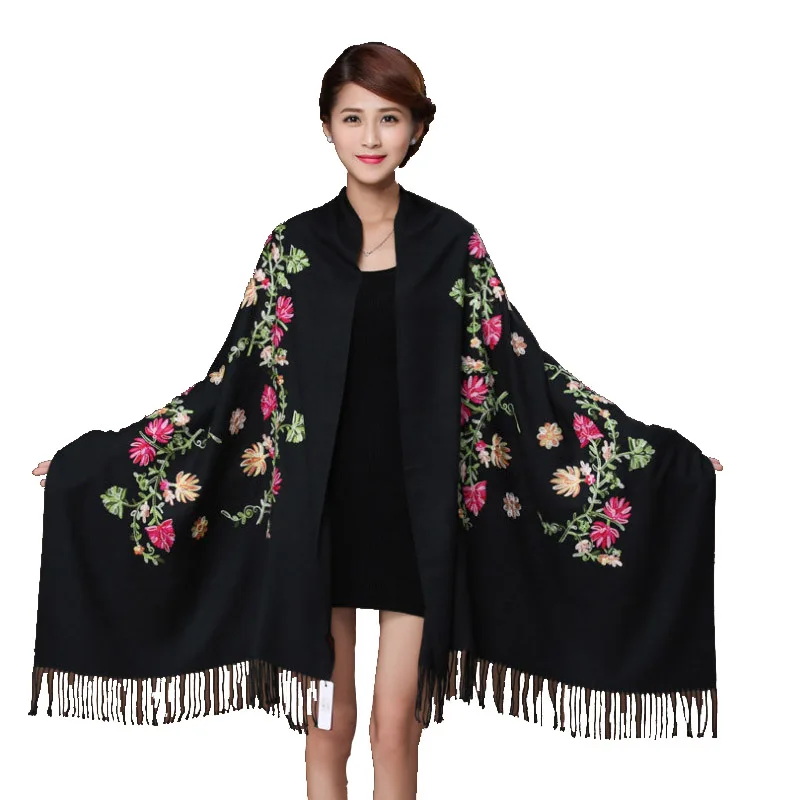 New Black Embroider Flower Pashmina Cashmere Scarf For Women Winter Warm Fine Tassels Scarf Shawl Fashion Shawl Scarves