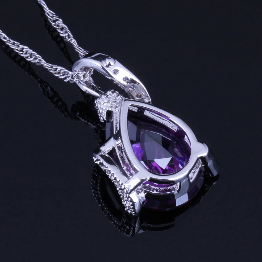 Enchanting Purple Cubic Zirconia Silver Plated Jewelry Sets Earrings Pendant Chain Ring V0239