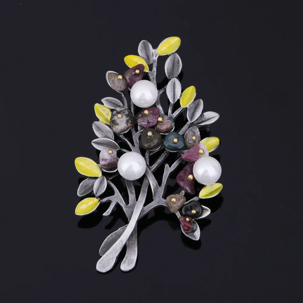 Elegant Gravel Beaded Simulated Pearl Brooch Pin Plant Jewelry Tree Flower Enamel Brooches for Women Clothes Accessories