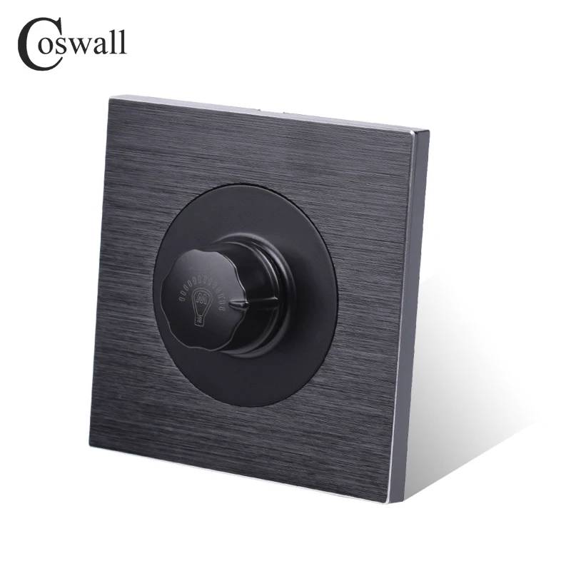 Coswall Wall Dimmer Switch Potentiometer Only For Incandescent Lamp Black / Silver Grey Aluminum Metal Panel 500W Max.