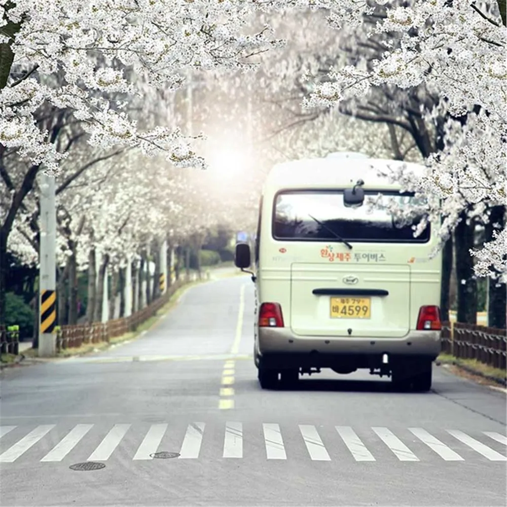 

City Road School Bus Kids Photography Backdrops Zebra Crossing Cherry Blossoms Tree Spring Scenic Wedding Photo Booth Background