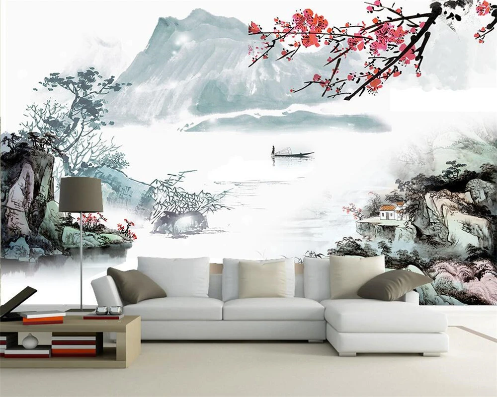 

Custom wallpaper house decoration TV sofa background wall Chinese ink landscape plum background murals 3d wallpaper