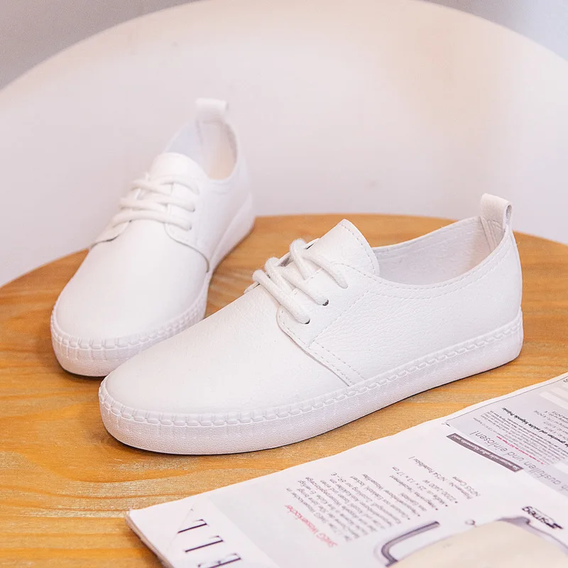 Women White Sneakers Solid Color Basic Style All Match Lady Shoes Flat Heel Soft Leather Lace Up Good Quality Girls Shoe Black