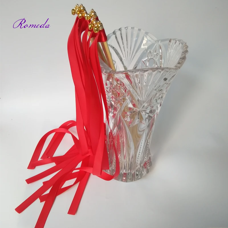 

NEW 50pcs/lot red wedding ribbon wands stick with gold bell ribbon Twirling Streamers,ribbon wish stick