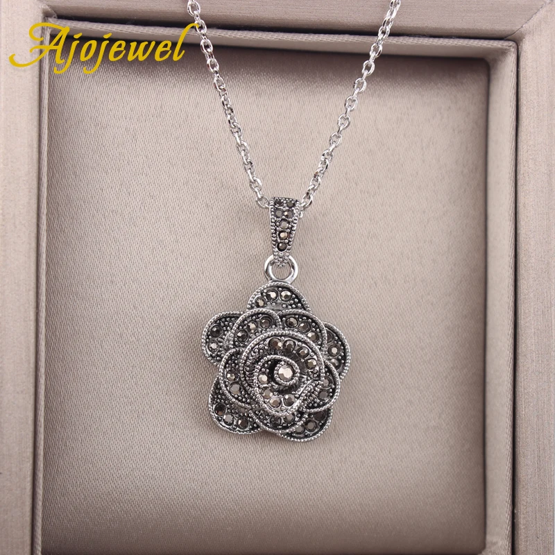 Ajojewel Vintage Necklace Women Black Rhinestone Flower Pendants & Necklaces Original Jewelry Wholesale