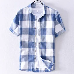 New Design Short-sleeved Linen Plaid Shirt Men Brand Italy Fashion Shirts For Men Casual Clothes Chemise Camisas De Hombre