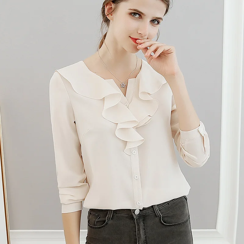 Spring Summer Chiffon Women Shirt Office Ladies Pure Color Long Sleeves Thin Casual Blouse Female New Korean Fashion Top H9078