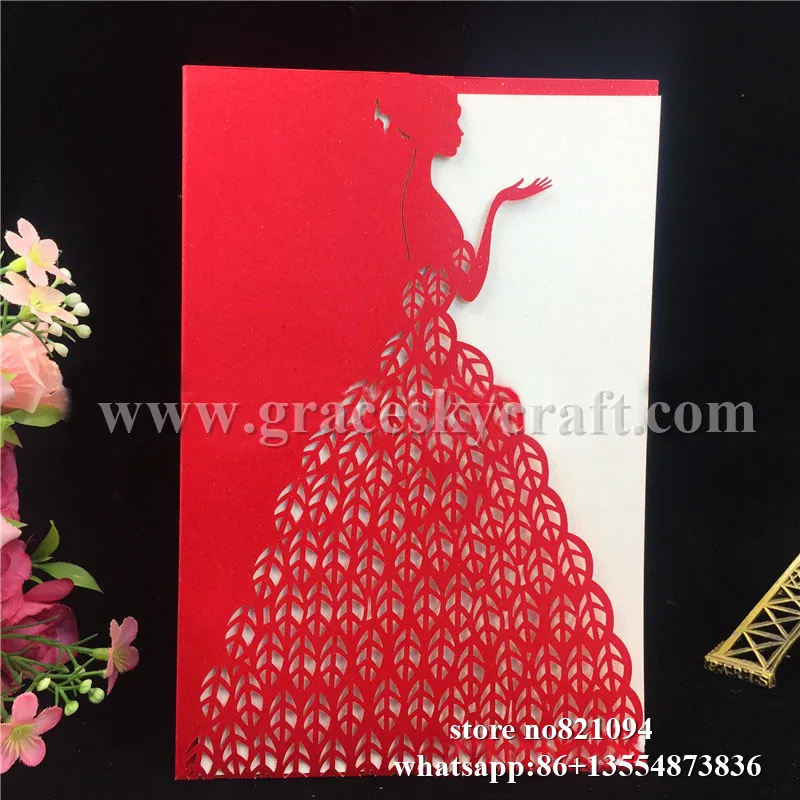 

50pcs free shipping laser cut pearlescent paper princess pocket design birthday wedding invitation cards with inner blank page