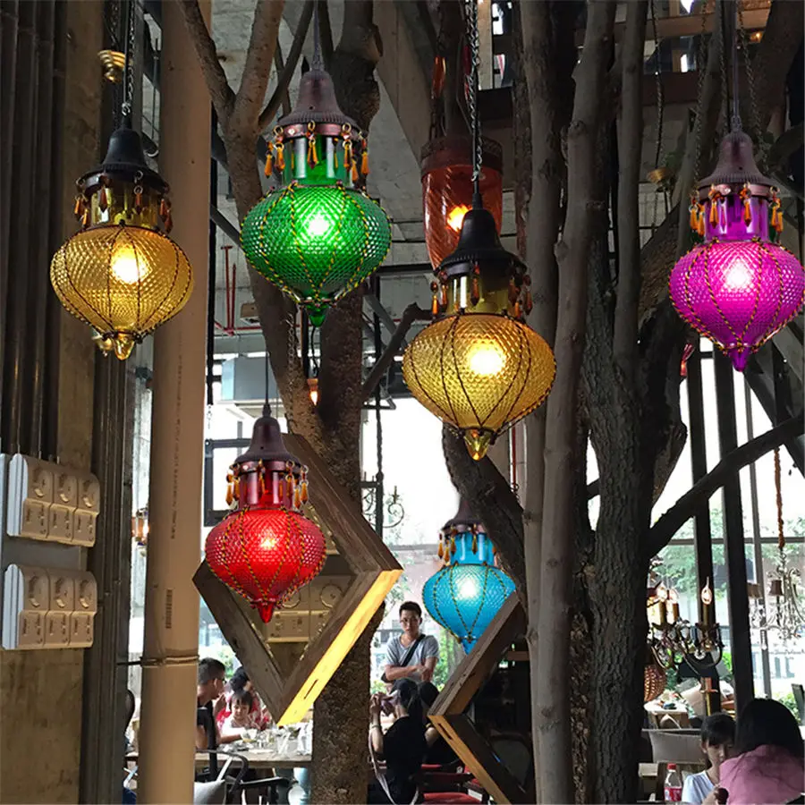 Southeast Asia stained glass retro pendant lights for coffee store Internet cafe vintage dining room hanging lamp loft decor