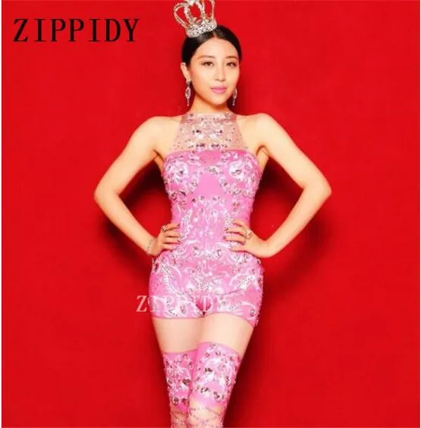 Kim Cương Giả lấp lánh Màu Hồng không tay Jumpsuit Nữ Ca Sĩ Sinh Nhật Mừng Trang Phục Trang Phục Bling Thiết Kế Hiệu Suất Mặc Khiêu Vũ