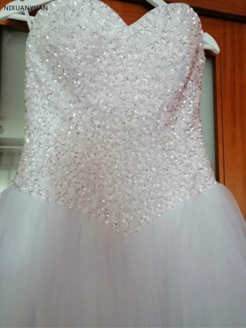 Schatz Ballkleid Brautkleider Weiß Elfenbein Tüll Kristall Hochzeit Kleid Lace Up Zurück Günstige Braut Kleid