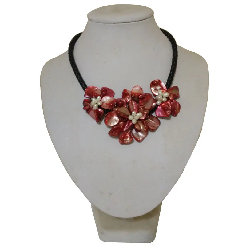 18 inches Natural Leather Cord Three Red Shell Flower Women Handmade Necklace