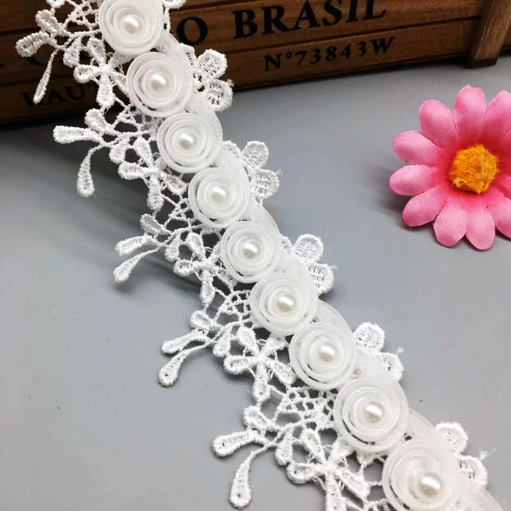 

1 Yard Pearl Rose Flower Embroidered Lace Trim Fabric Bridal Fringe Applique Trimmings Ribbon Wedding Dress Sewing Craft Decor