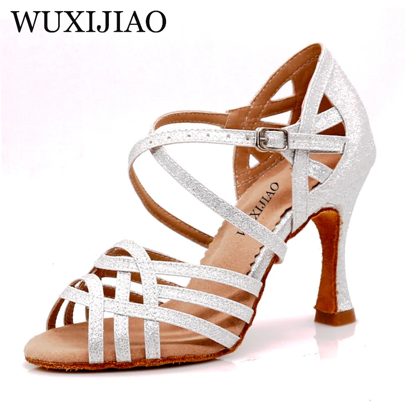 WUXIJIAO Women Party Dance Shoes  Satin Shining rhinestones Soft Bottom Latin Dance Shoes Woman Salsa Dance Shoes heel5CM-10CM