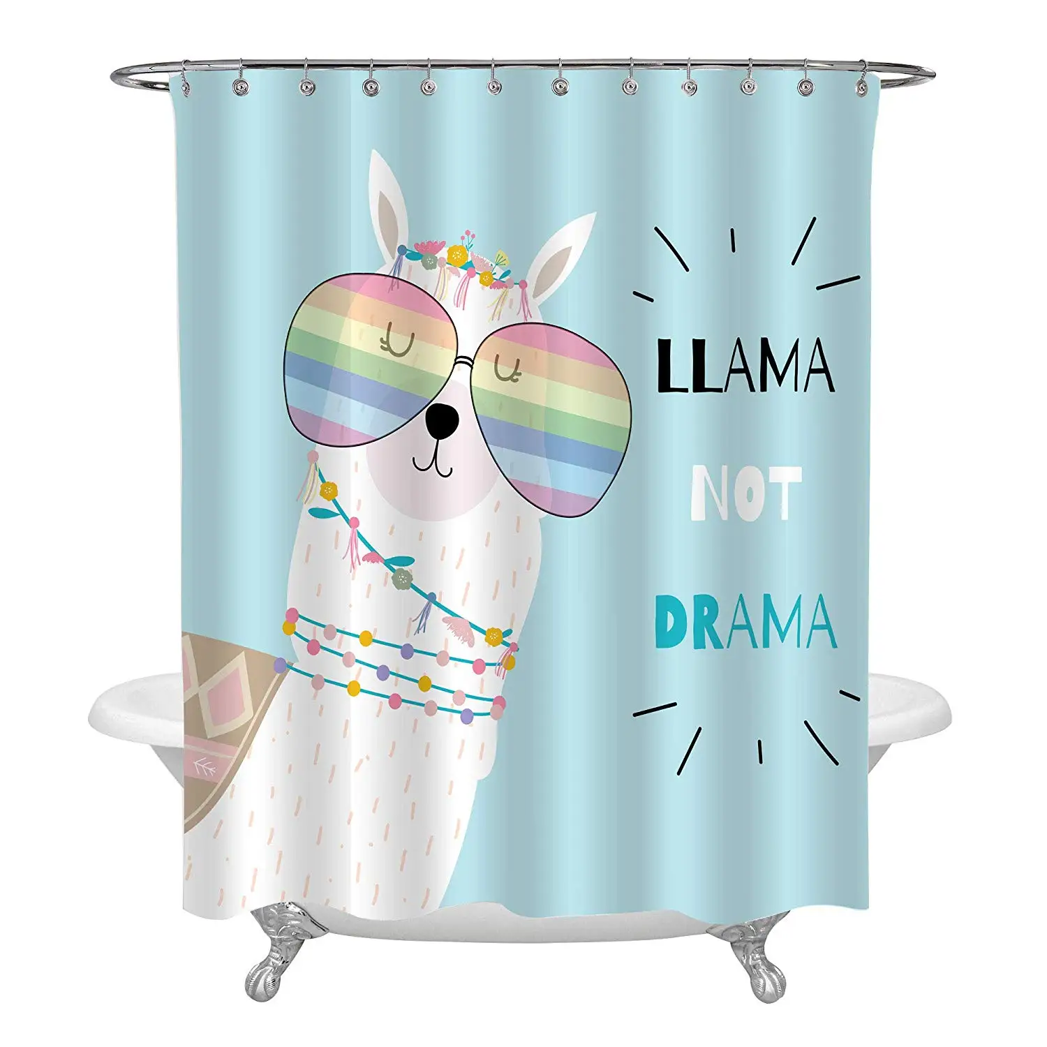 Hand Drawn Cute Wearing Rainbow Glasses Shower Curtain Set Simple Abstract Animal Art Painting with Letter Llama