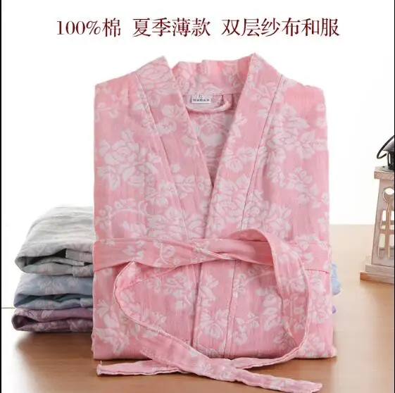 Cotton Robe Woman Bathrobe Dressing Gown Long Kimono Japanese Pajamas Home Pink