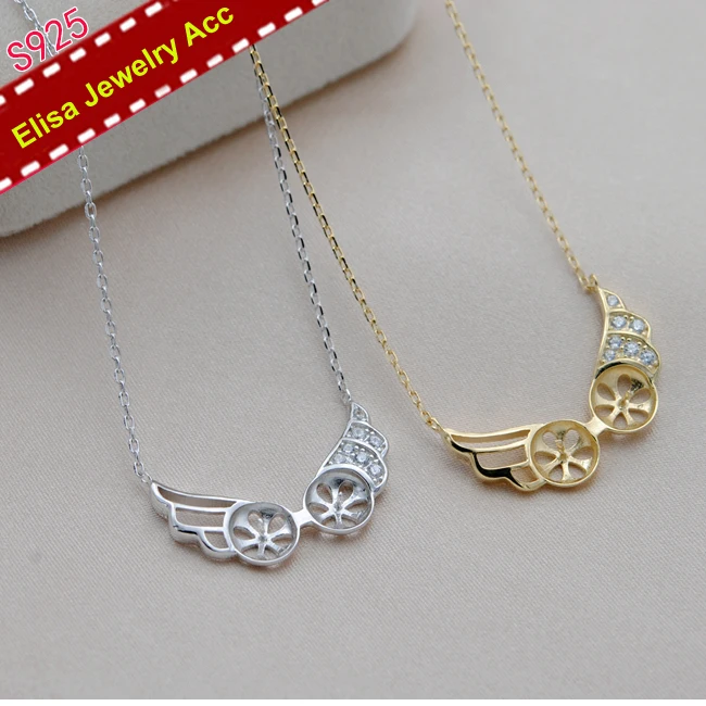 S925 Sterling Silver Angel Wing Double Pearls Pendant Chain Accessory Women DIY Pearl Pendant Components Silver&Gold 3Pcs