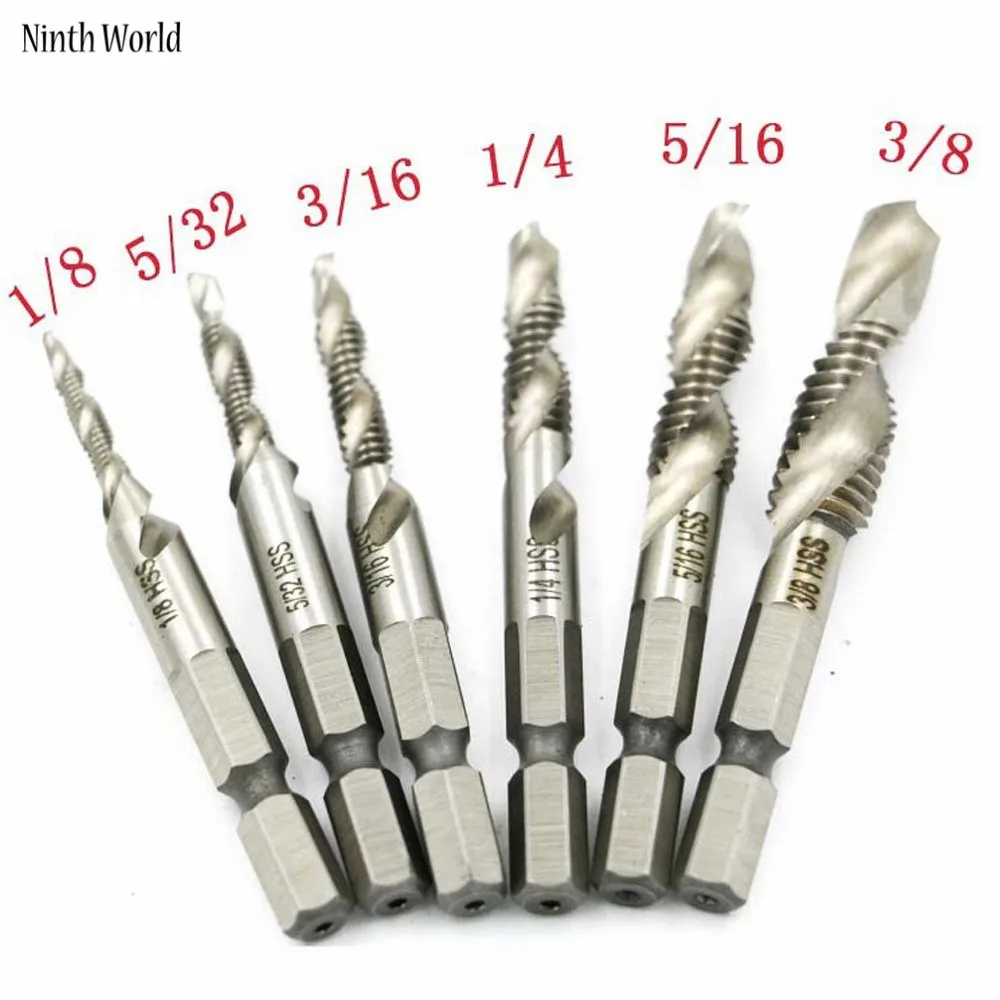 Drill Tap Combination Bit Deburr Countersink Screw Hole 1/4 Hex Shank 6 Pieces 1/8'' - 3/8''