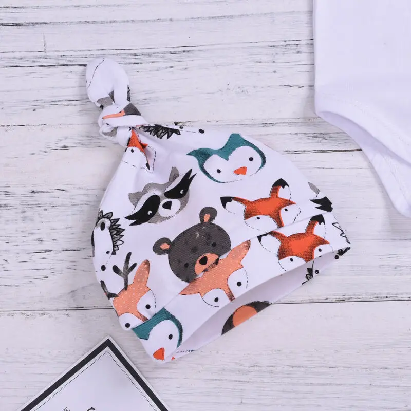 Newborn Kids Fashion Fox Print Sunsuit Set Cotton Baby Girl Boy Infant 3Pcs Summer Clothes Romper Top Pants Hats Outfit Set