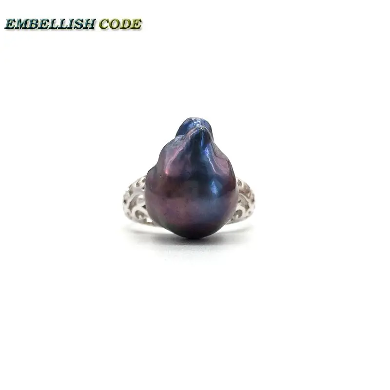 Adjustable size Resize baroque pearl ring hyperbole black blue Lustrous tissue nucleated fire ball shape for women