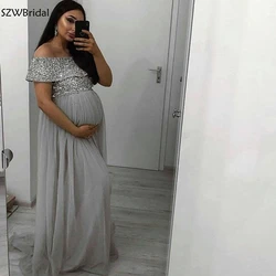 Custom made Chiffon Pregnant woman evening dress abendkleider 2025 Silver Beading Evening gowns long dress Party robe soiree