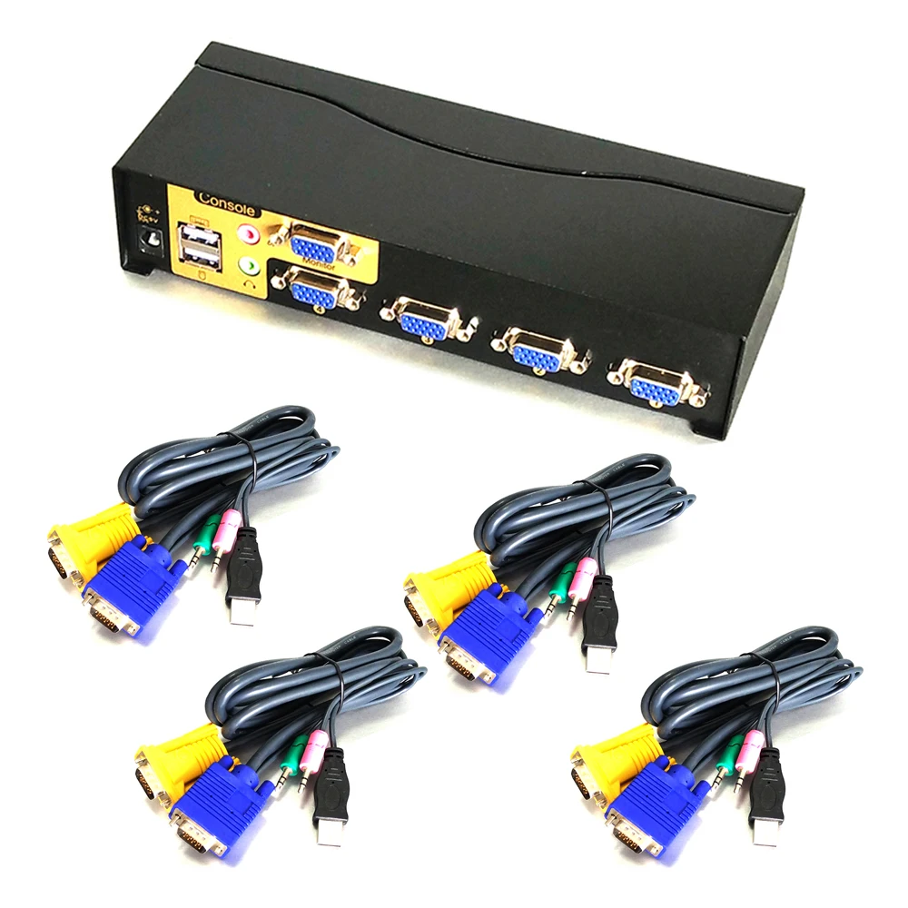 Charmvision VK401A 4 into 1 Desktop Automatically 4 Posts KVM Audio Switcher Hotkey with HDDB VGA 2 USB Keyboard Mouse Switches