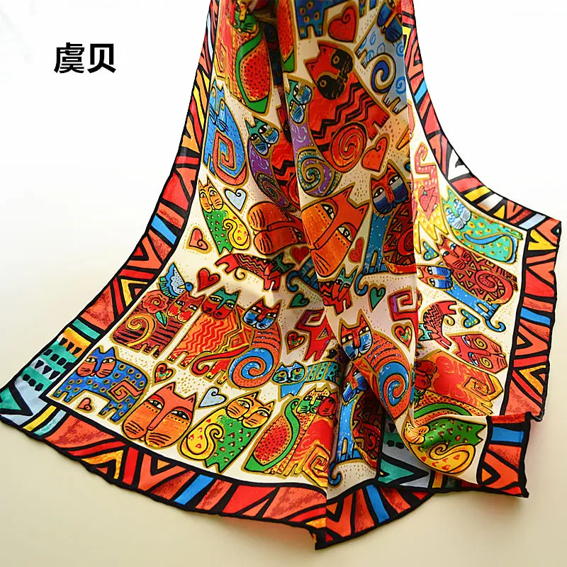 bright cartoon cats long scarf women natural silk scarves printed wrap shawl foulard femme bandana christmas gift for lady girl