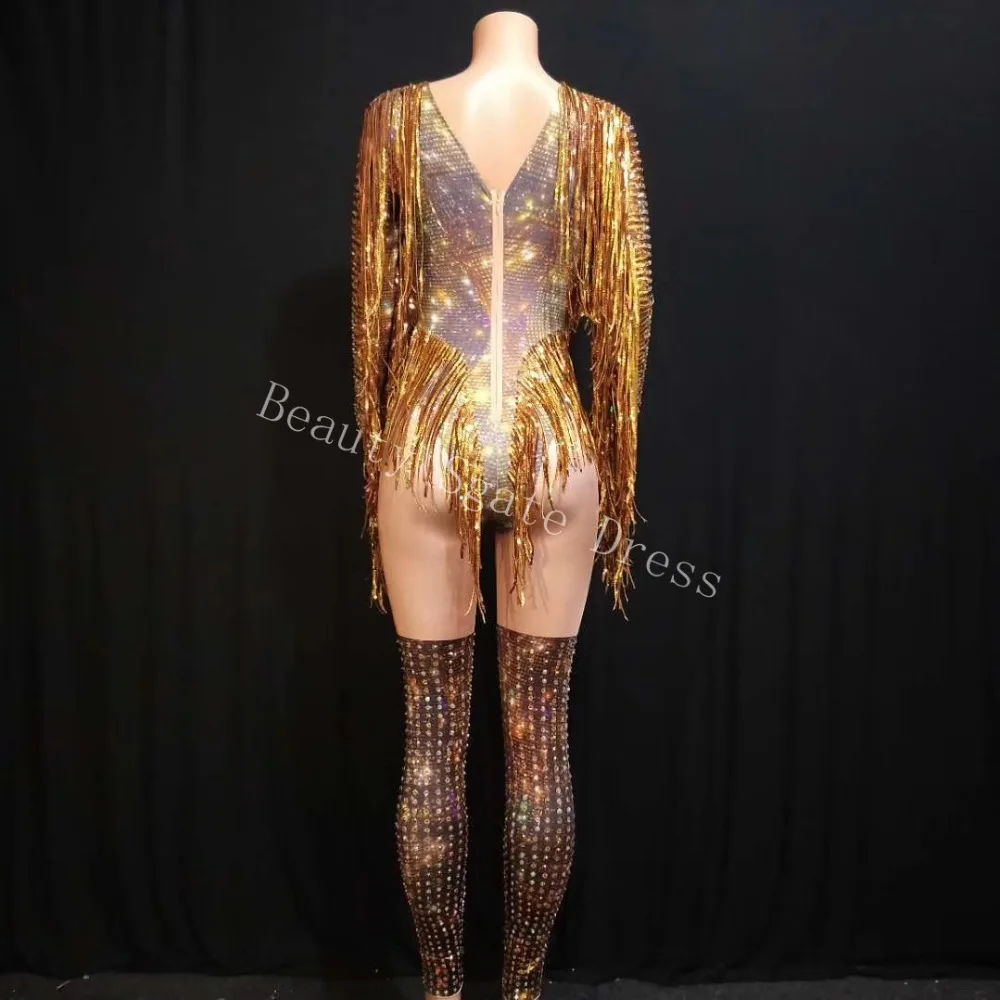 Bright Gold Rhinestones Tassel Spandex Jumpsuit Women Dance Birthday Celebrate Bar Big Stretch Jumpsuit Singer Costume Outfit