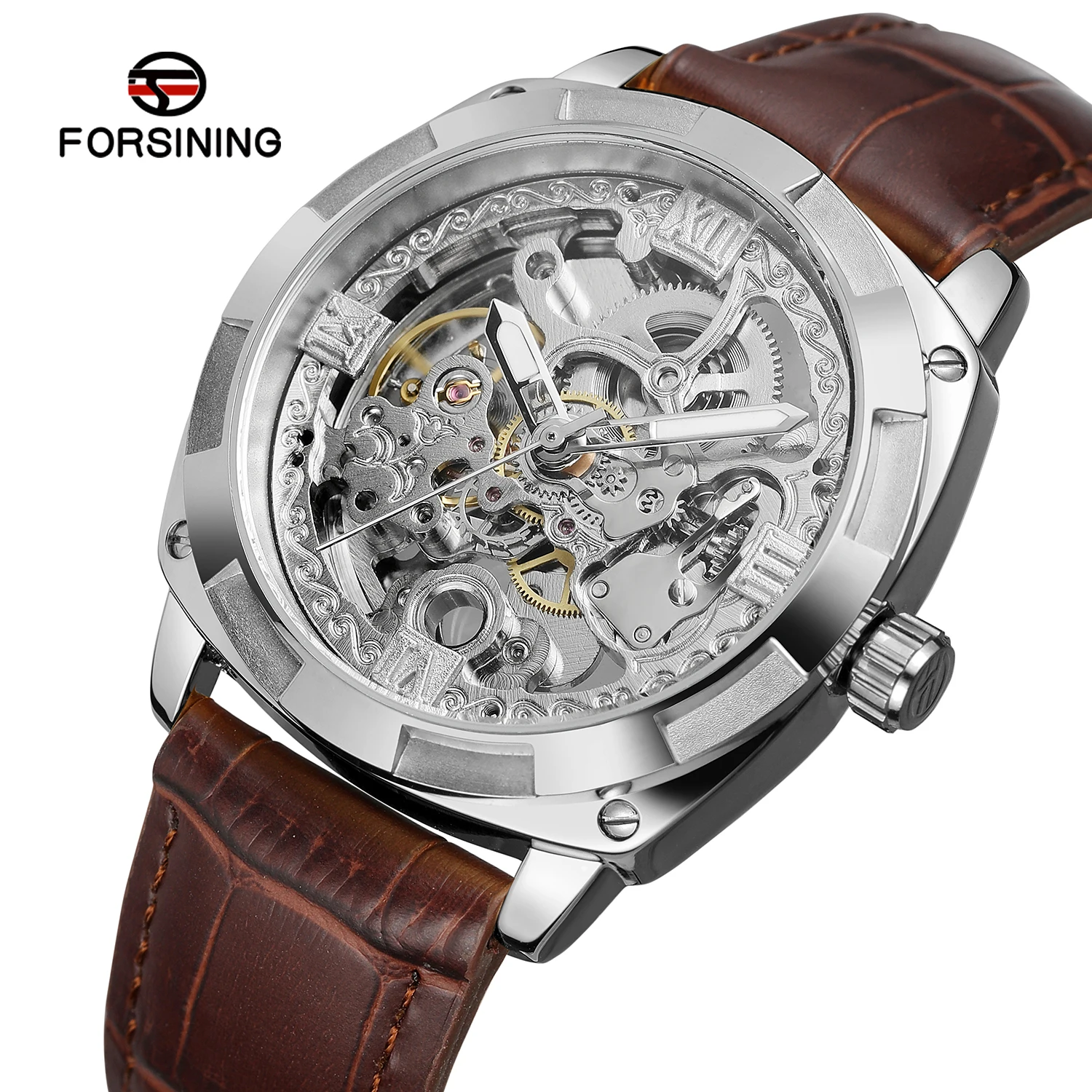 Forsining Top Brand  Royal Golden Flower Transparent Genuine Leather Creative Mens Clock Luxury Gold Skeleton Mechanical Watches