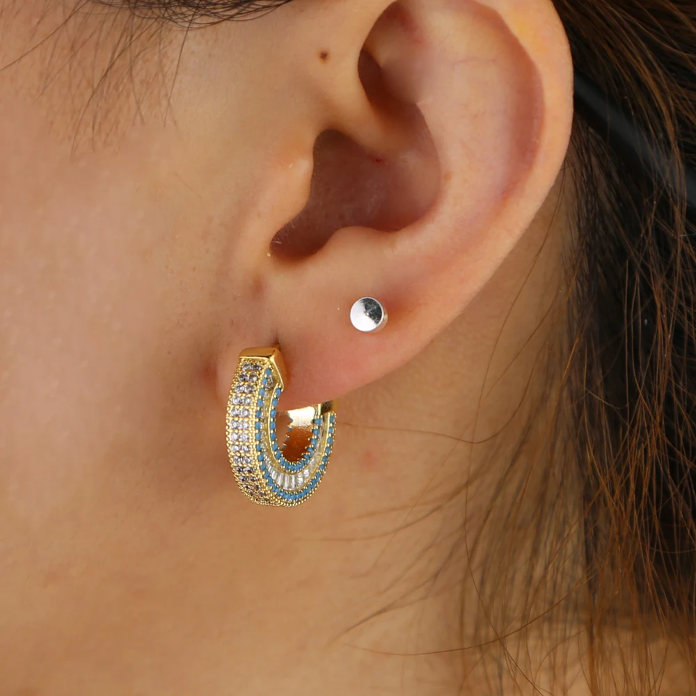 Luxury Women Jewelry blue turquoises stone square cubic zirconia CZ trendy classic hoop earring