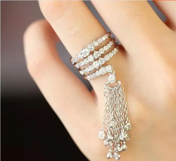 High Quality Retro Silver Color Luxury Cubic Zirconia With Long Tassel Ring For Women Jewelry Copper Ring For Wedding Women