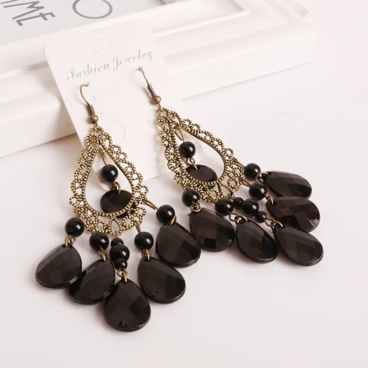 2016 Retro Fashion Hollow Tassel Earrings Boho Long Big Hanging Luxury Vintage Big Black Water Drop Earring With Stone For Women