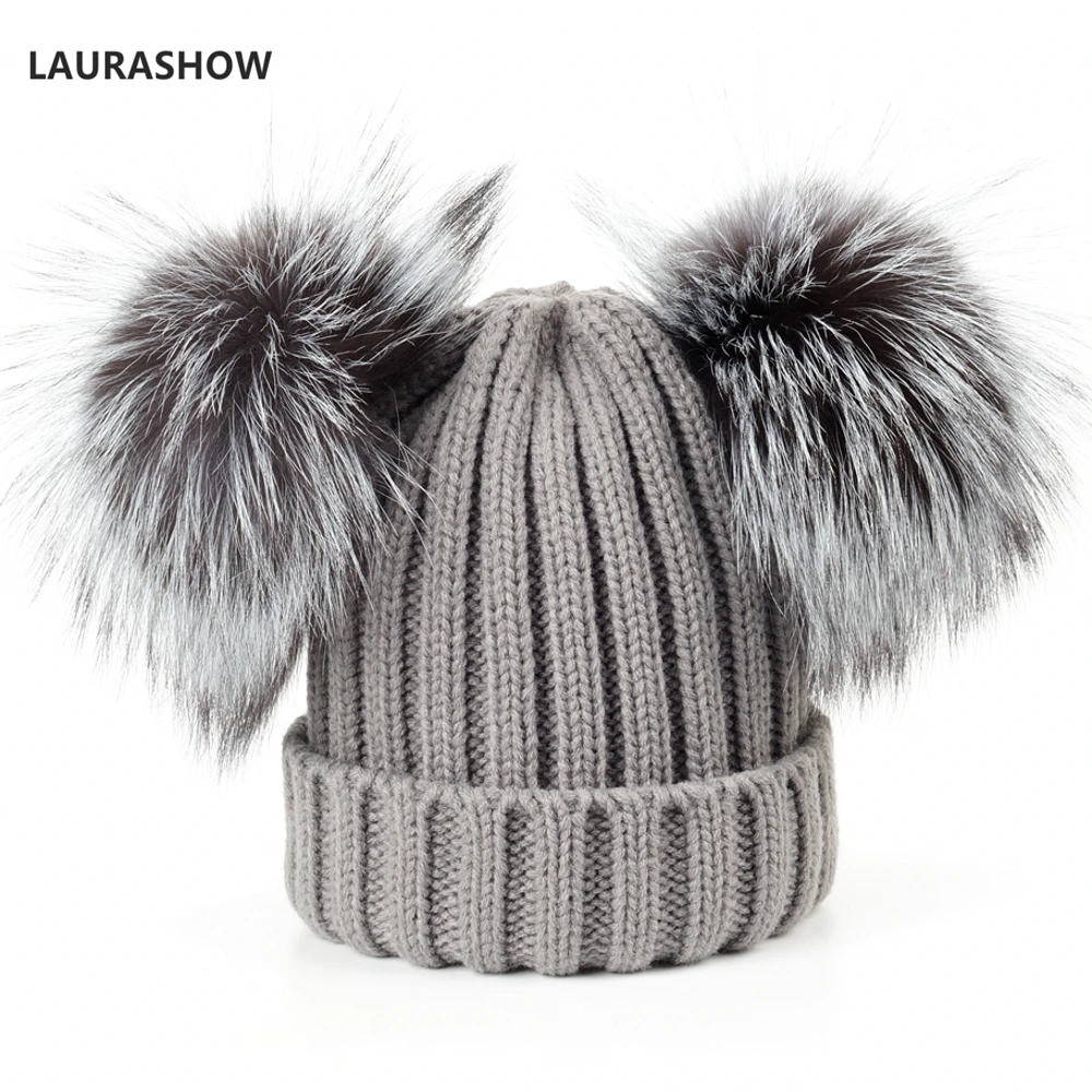 LAURASHOW Adult Winter Brand Cap 16cm Double Real Fur Ball Pom Poms Hat For Lady Hat Knitted Cap Hat Skullies Women Beanies