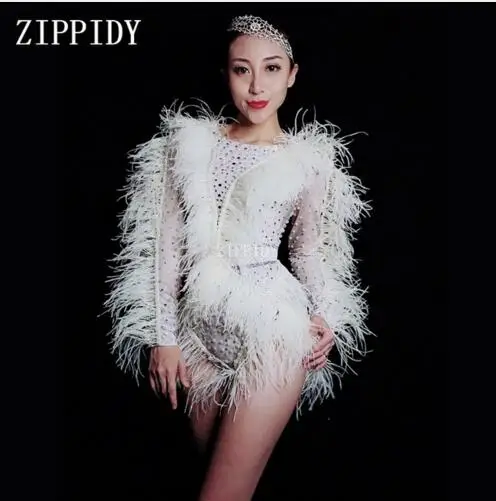 Bodysuit Women\'s Birthday Celebrate Nightclub Singer Dance Show Spandex Oufit Bright Silver Rhinestones Pearls Feather Fringes