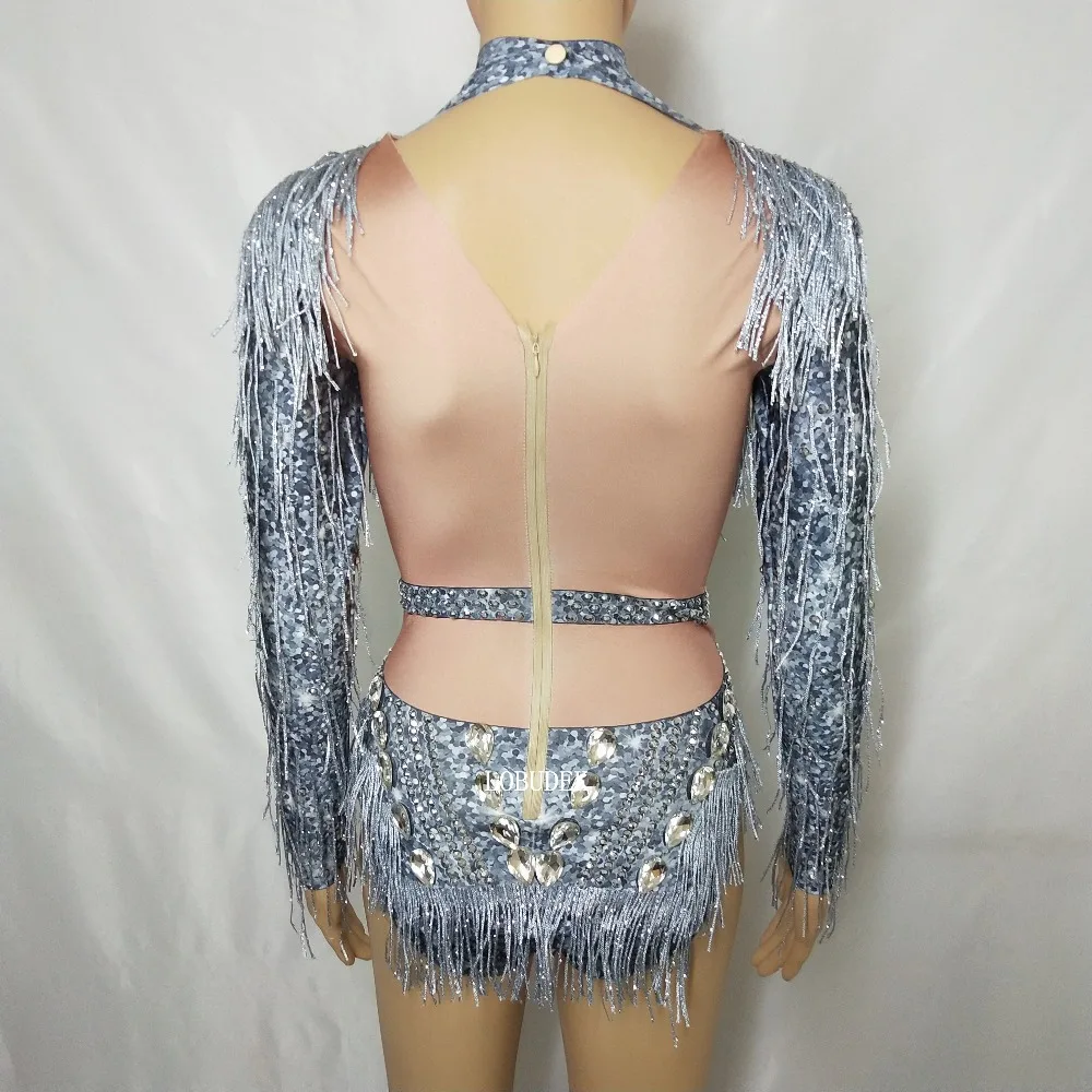 Silver Rhinestones Fringed Long Sleeve Bodysuit Female Crystals Tassels Elastic Catsuit Nightclub Female DJ Singer Stage Costume