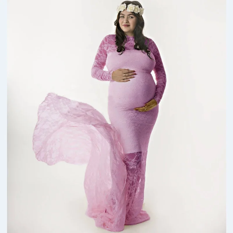 

Newest Maternity Dress Photo Shoot Maxi Maternity Gown Tail Long Sleeved Dress Maternity Lace Gown Maternity Photography Props