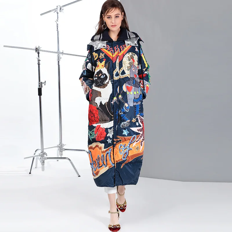 

High quality 2021 new Temperament Fashion Loose parka Print Vintage X-Long women down winter coat Warm Jacket Female Overcoat