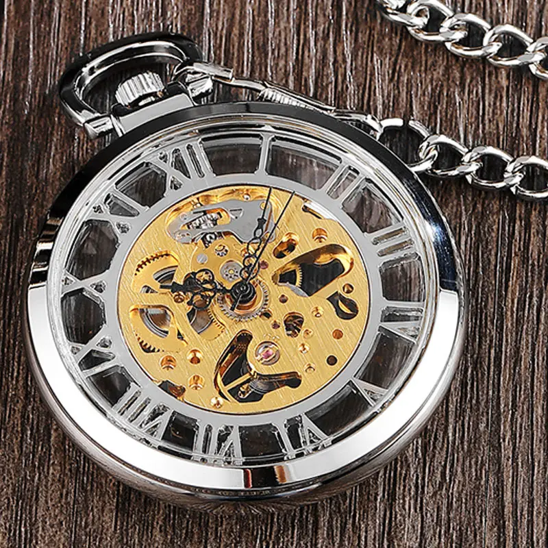 Retro Silver Transparent Mechanical Pocket Watch With Big Roman Numerals Steampunk Necklace Vintage Watch Hand Winding For Men