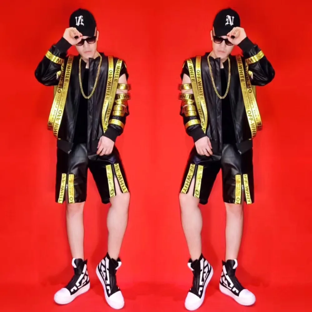 

New Novelty Male singer nightclub bar DJ hip-hop rock DS hollow out letters motocycle leather jacket costumes stage show wear