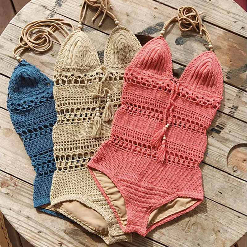 Sexy Women V Neck Halter One Piece Swimsuit Crochet Knitted Hollow Out Swimwear Biquini Female Bandage Bathing Suit Beachwear