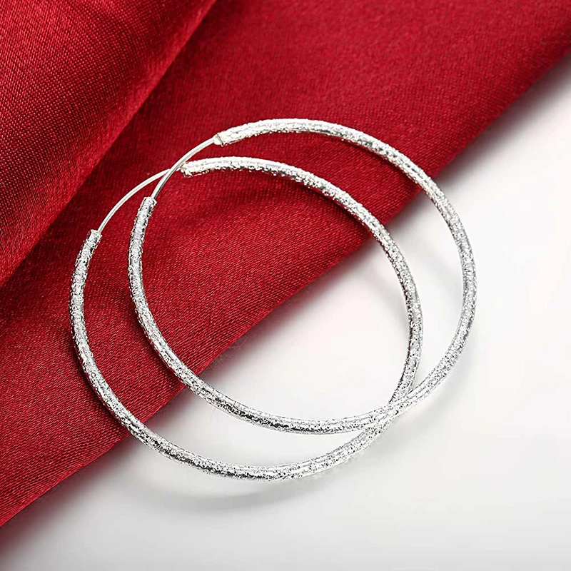 100% Sterling Silver 925 Earrings Popular Fine Jewelry Single Circle Frosted Hoop Earring Lady Top Temperament Gift