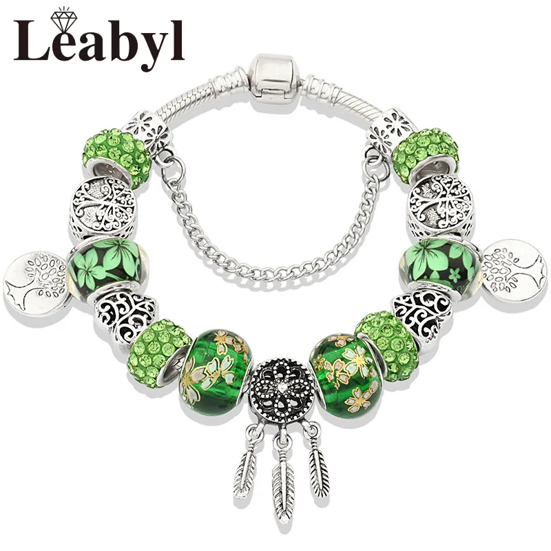 New Arrival Antique Tibetan Silver Dreamcatcher Charm Bracelet Green Tree of Life Bead Bracelets & Bangles with Flower as Xgift