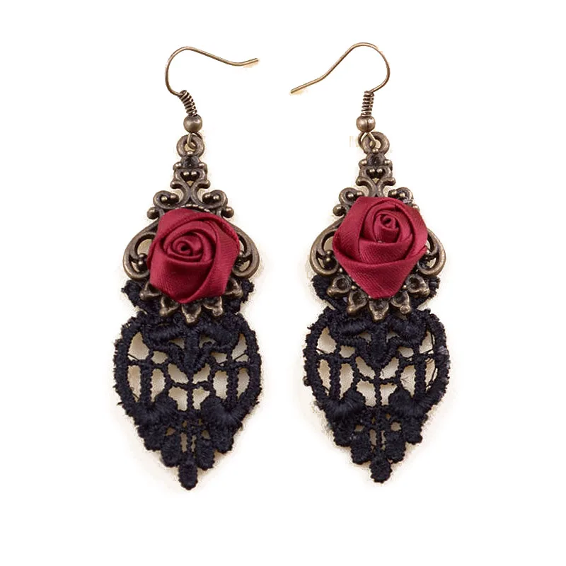 Handmade Sexy Womens Gothic Red Flower Rose Black Knitted Floral Lace Drop Dangle Earrings Alloy Hook Ball Party Bridal Lolita