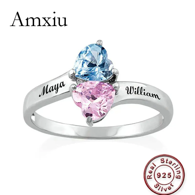 Amxiu Customized Two Names Jewelry 100% 925 Sterling Silver Ring Heart Shaped Zircon Rings Wedding Ring Personalized Name Ring