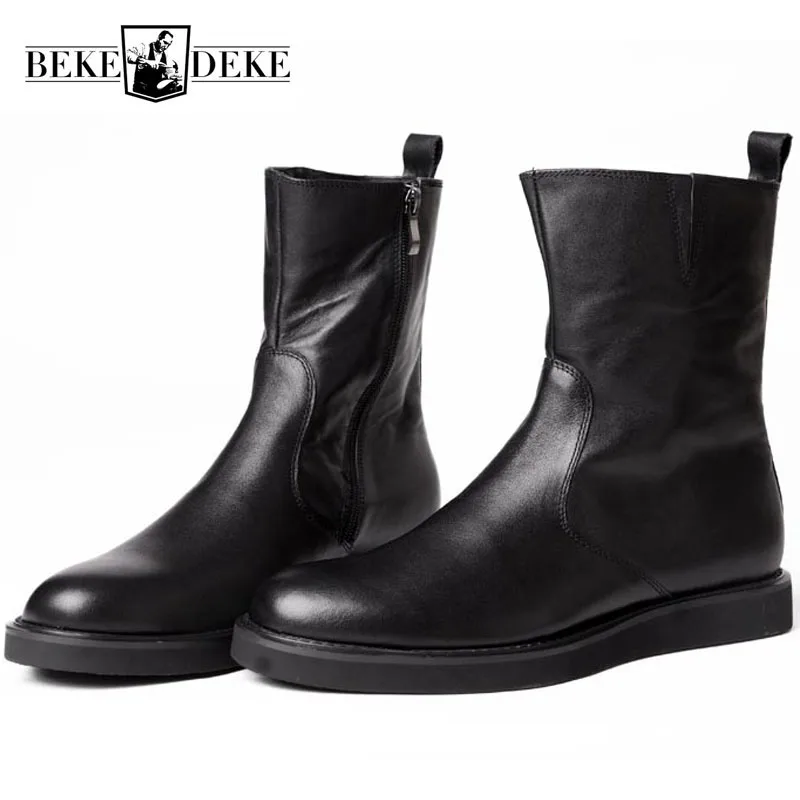 Italian Brand Mens Punk Mid Calf Boots Luxury Genuine Leather  Boots Fashion Rock Platform Flats Motor Biker Male Shoes