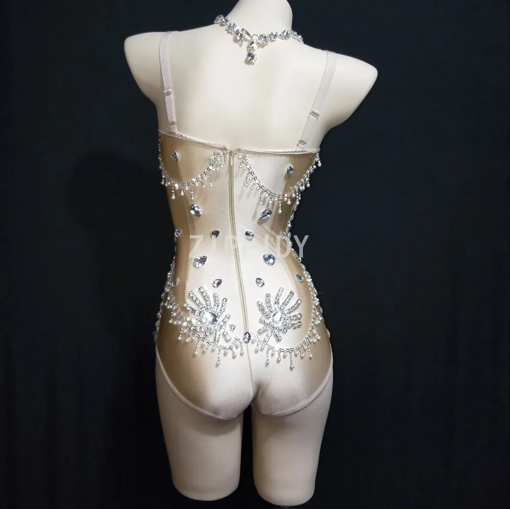 Sparkly Zilver Grote Strass Bodysuit Verjaardag Vieren Avond Party Outfit Zangeres Tonen Nachtclub Kristallen Kostuum