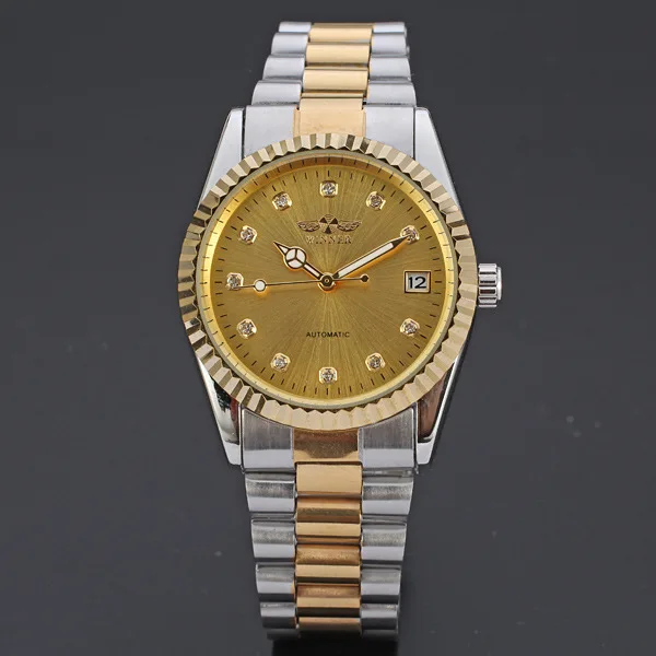 

T-WINNER Brand New Watches Men Mental Automatic Mechanical Golden Dial Calendar Watch Military Stainless Steel Band HombreMontre